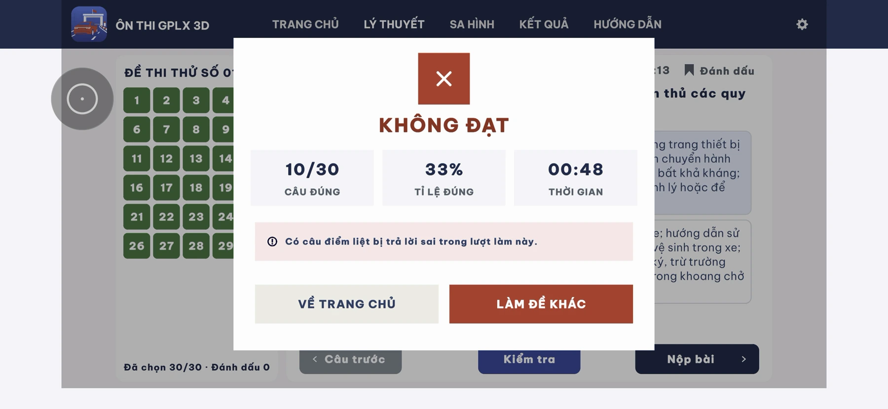Bảng kết quả thi thử: số câu đúng, tỉ lệ, thời gian và cảnh báo câu điểm liệt