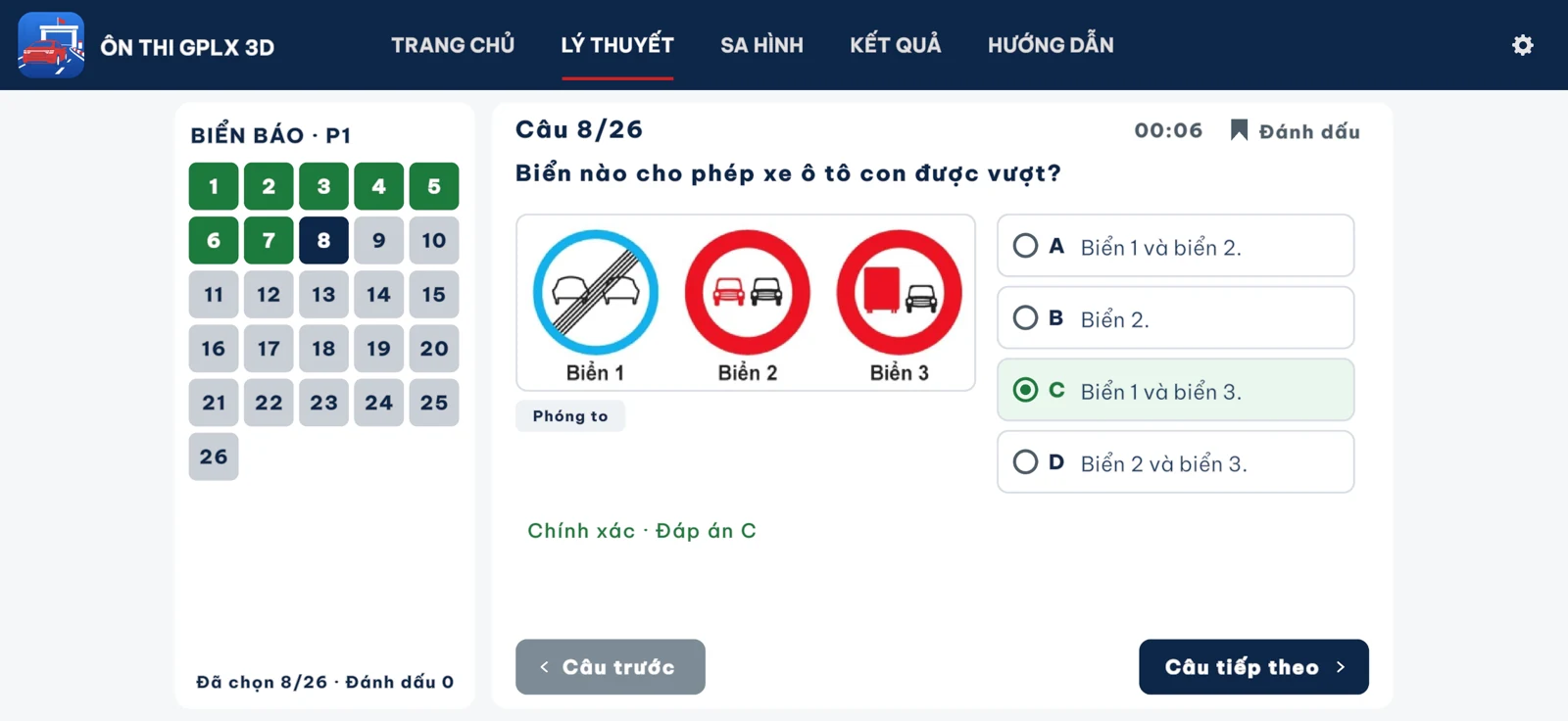 Câu hỏi biển báo thật trong ứng dụng, có đáp án và kết quả